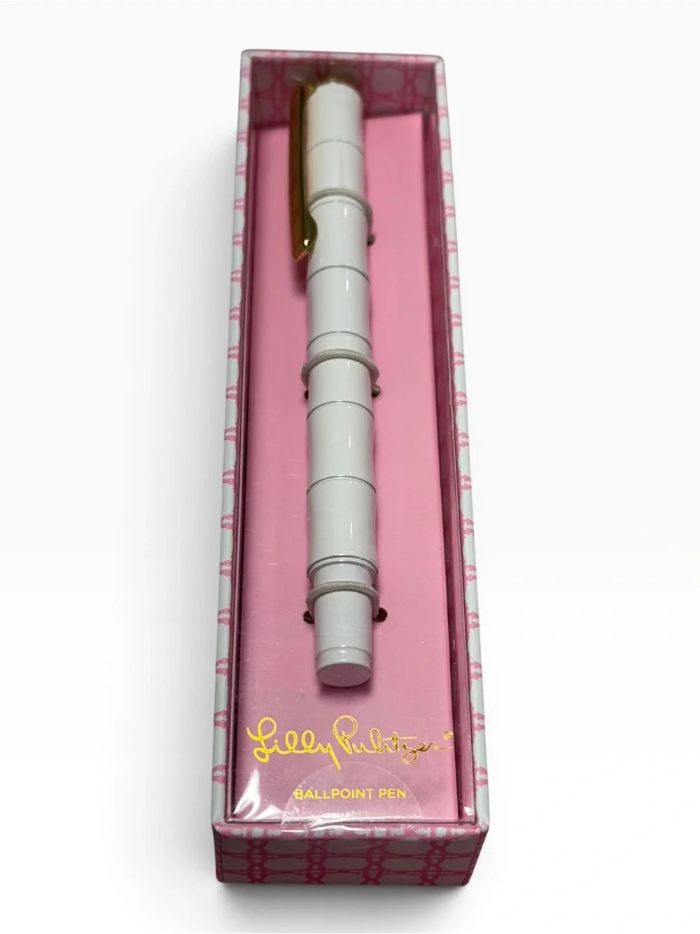Lilly Pulitzer White Bamboo Style Ballpoint Pen Gold Tone Clip Boxed NEW